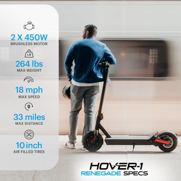 Hover-1 Renegade Electric Scooter, 18MPH, 33 Mile Range, Dual 450W Motors, 7HR Charge, LCD Display, 10 Inch High-Grip Tires, 264LB Max Weight Commuter Scooter for Adults and Teens. - Image 3